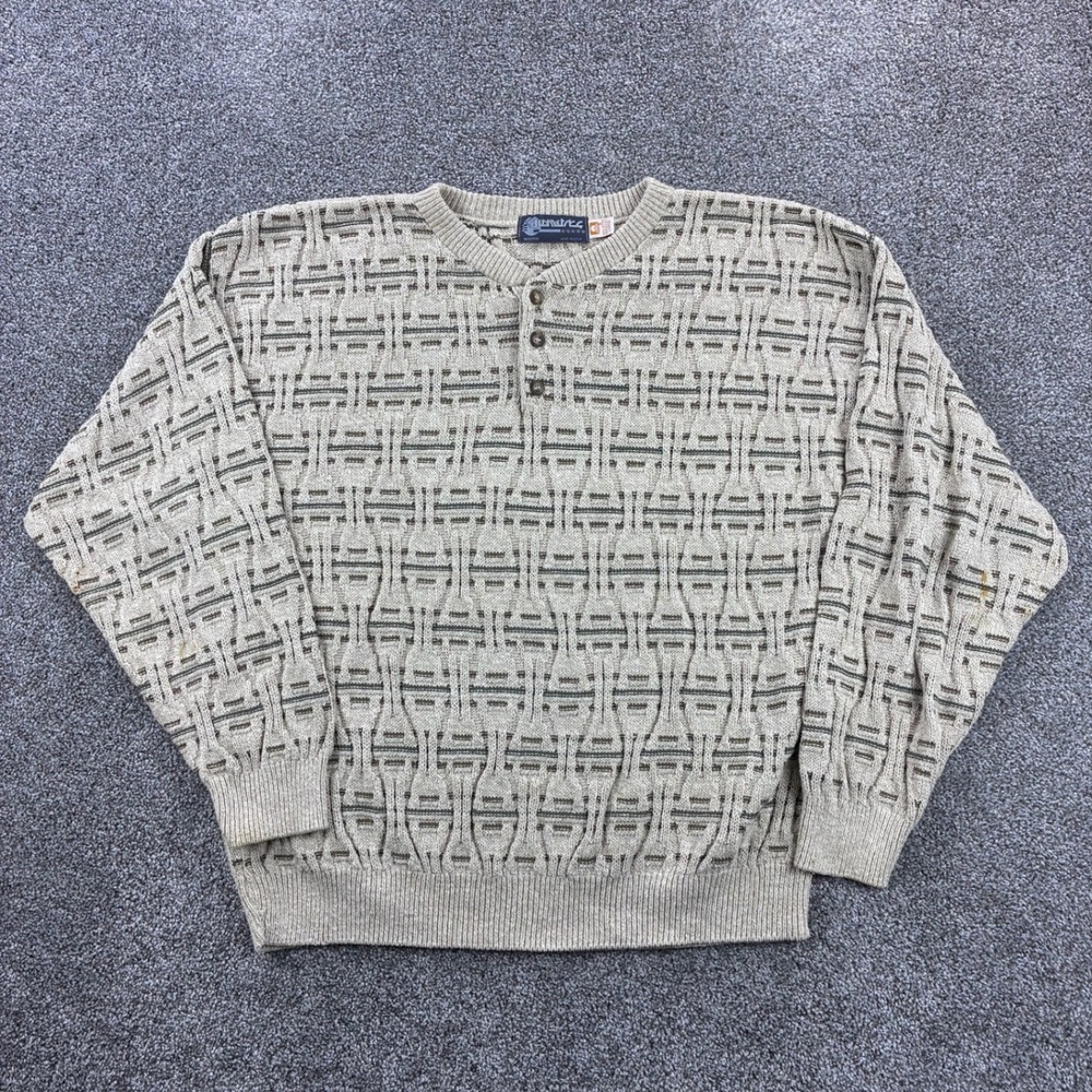 Vintage Geometrics Sweater Mens Large Beige Striped Fisherman Chunky Knit Henley